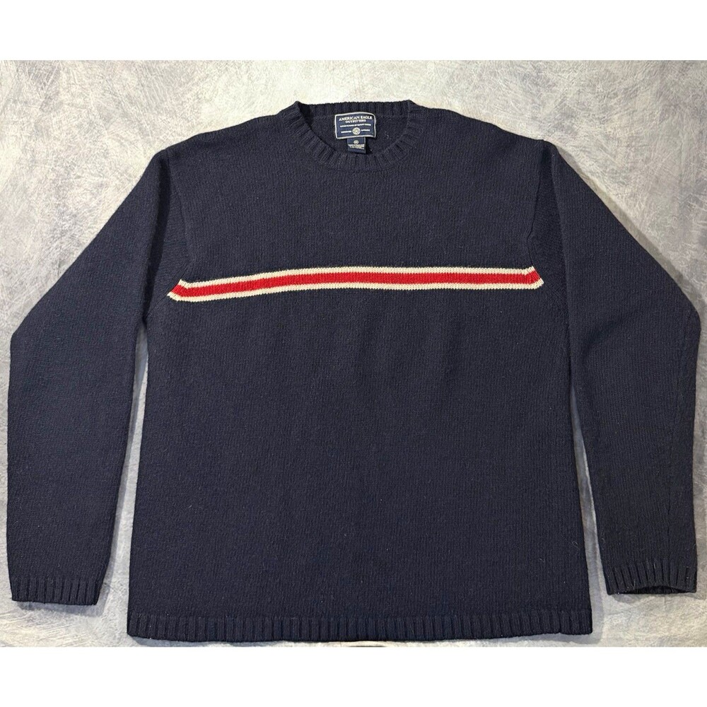 Y2K American Eagle Outfitters Men’s XL Navy 100% Lambswool Stripe Sweater